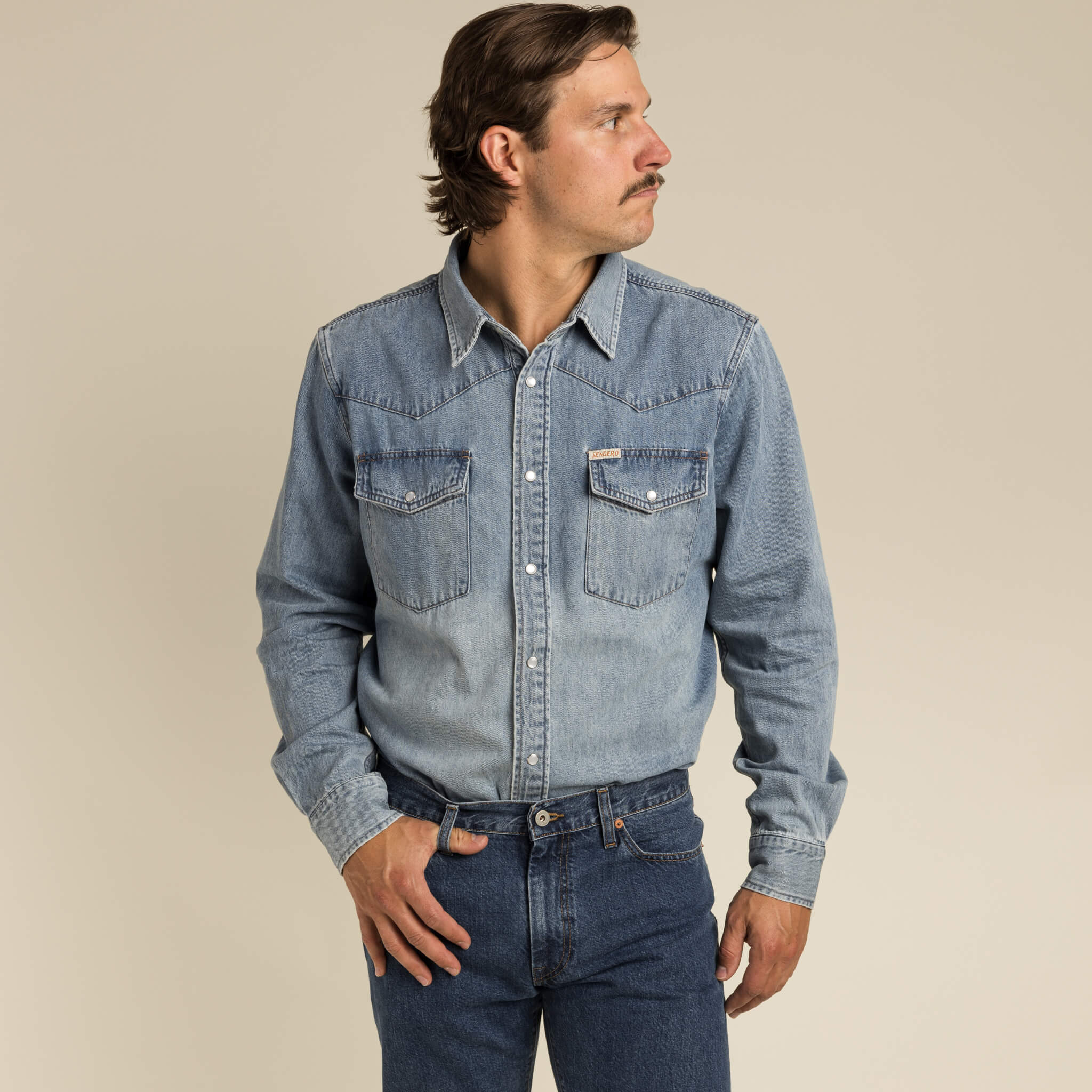 The Wyatt Pearl Snap Long Sleeve Denim Shirt - Image 3